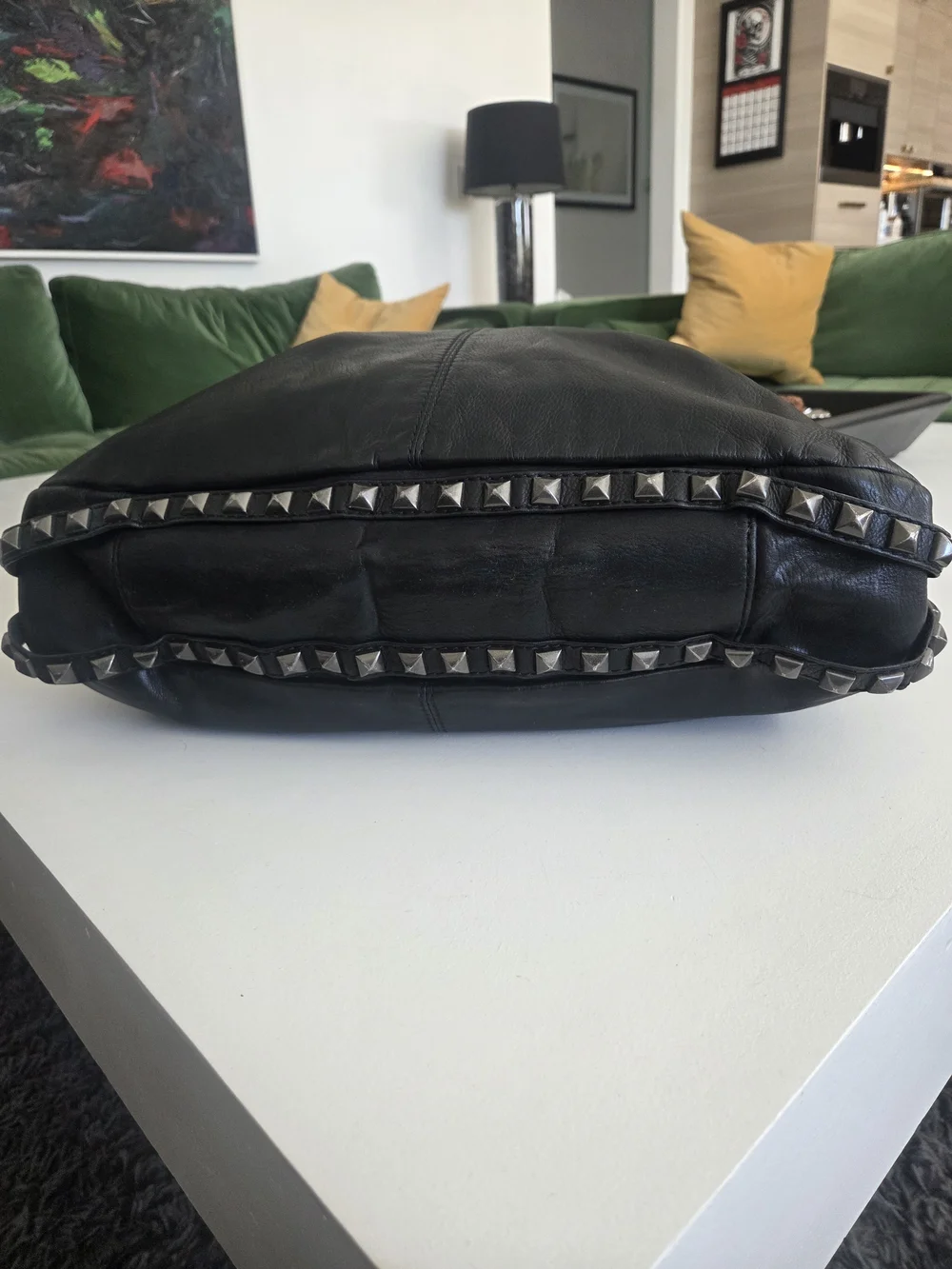 Rebecca Minkoff Studded Hobo Black Leather Pyramid Studs, Cardinal Bird Lining - Picture 5 of 11